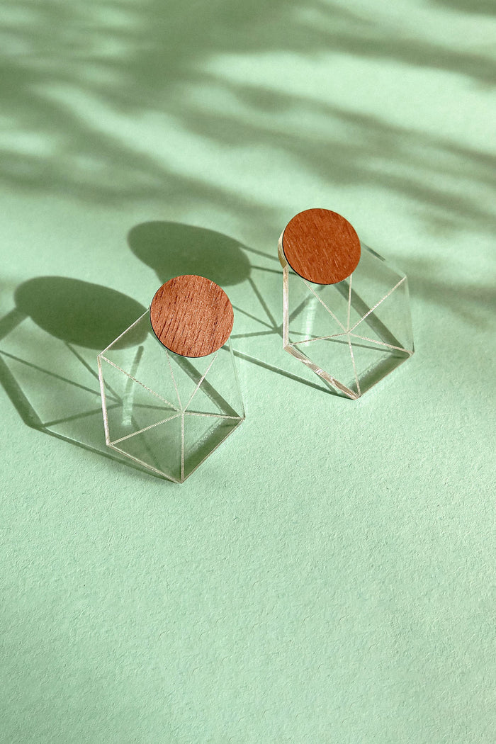 A pair of modern earrings featuring circular wooden tops attached to transparent geometric cube bases, displayed on a mint green background with soft shadows, embodying minimalist elegance.