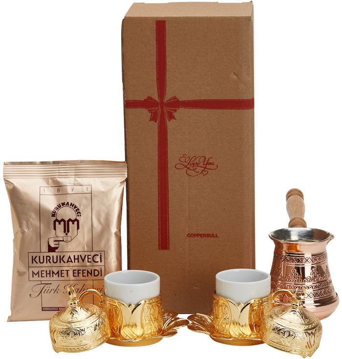 "CopperBull" Thickest Copper Turkish Greek Coffee Pot with Heavy Duty Cups Saucers & Coffee Set for 2 (Gold)
