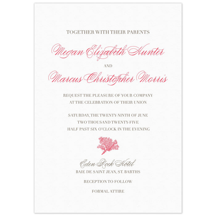 Simple invitation with block and script font in coral and pewter. A small coral flourish separates information at the bottom half of the card.