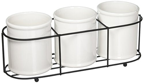 Creative Co-Op Set of 3 White Ceramic Crocks in Black Metal Holder