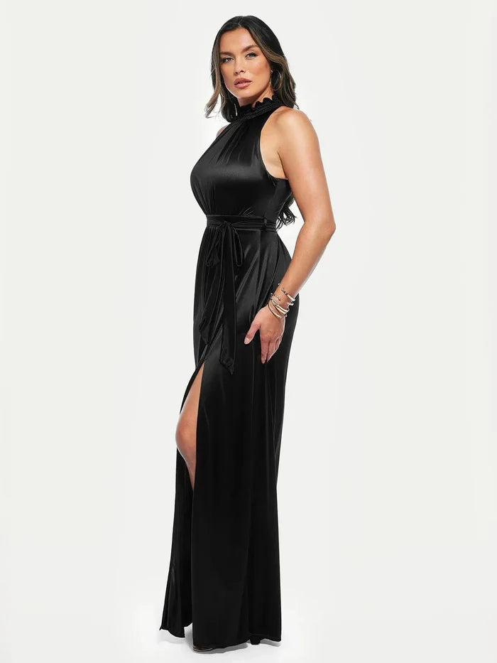 Draped black high neck maxi dress with a high slit and a tie waist.