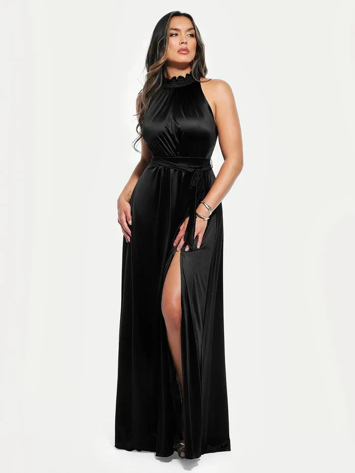 Sleek black maxi dress with high neck, draped bodice, belted waist, and high leg slit.