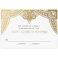 White card with gold deco design on the top of the card. Block and deco reply card copy centered underneath the design.