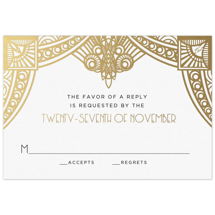 White card with gold deco design on the top of the card. Block and deco reply card copy centered underneath the design.