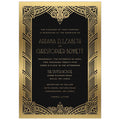 Black invitation with ornate gold deco border design. Block and deco font centered on the invitation in gold foil.