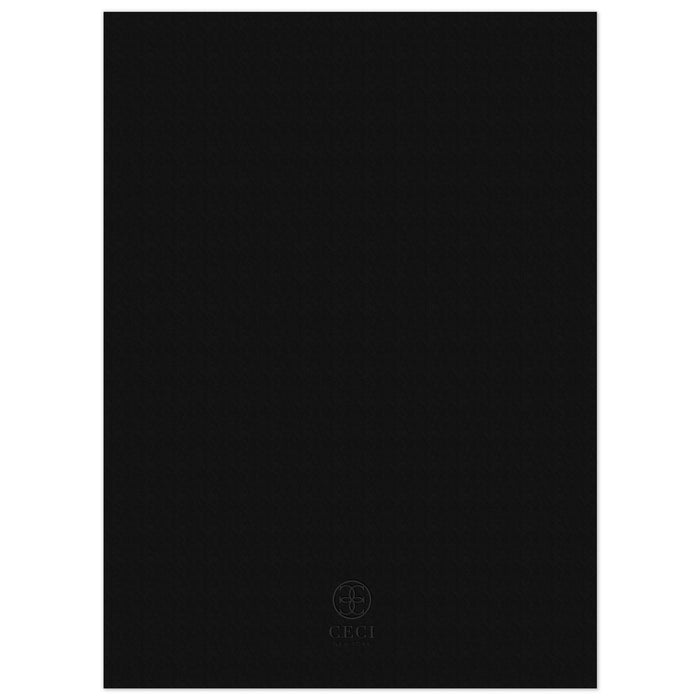 Black blank back of an invitation with a gray Ceci New York circle logo at the bottom.