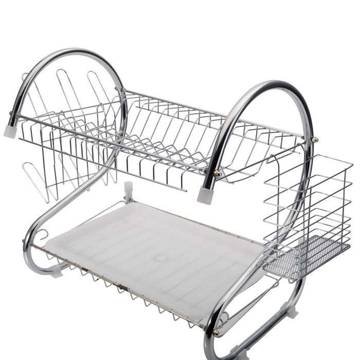 Dtemple 2-Tier Stainless Steel Dish Drying Rack Kitchen Cup Tray Cutlery Dish Drainer with Drain Board 17.2" x 14.8" x 9.8” (US STOCK)