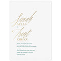 White card with gold handwritten script first names on top of gold block last names. Green left aligned copy underneath.