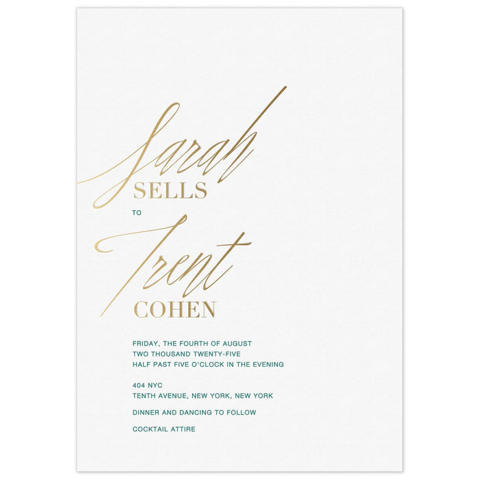 White card with gold handwritten script first names on top of gold block last names. Green left aligned copy underneath.