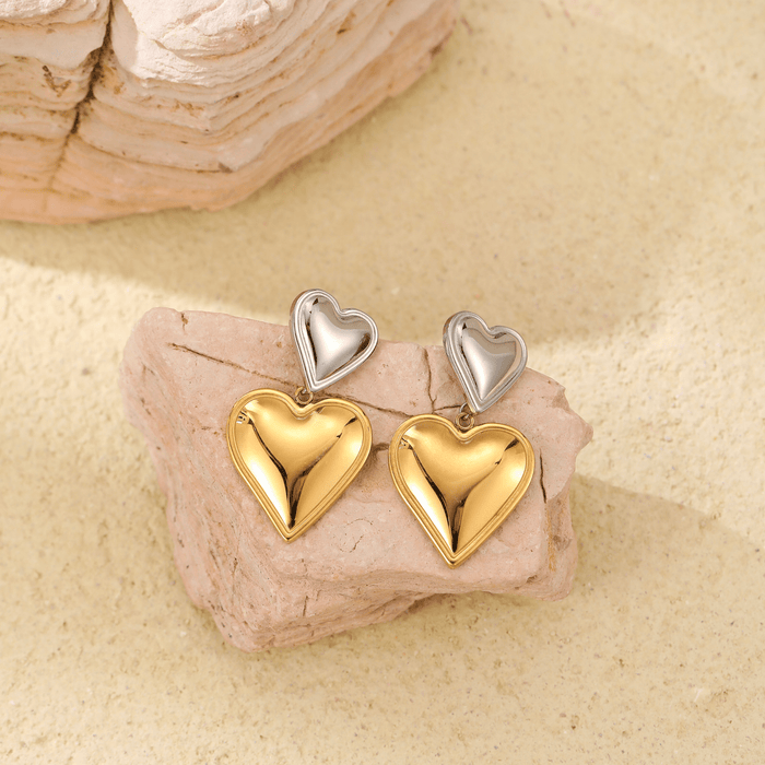 Duo Heart Elegance Drop Earrings - Ornaments Co - 18K Gold Plated