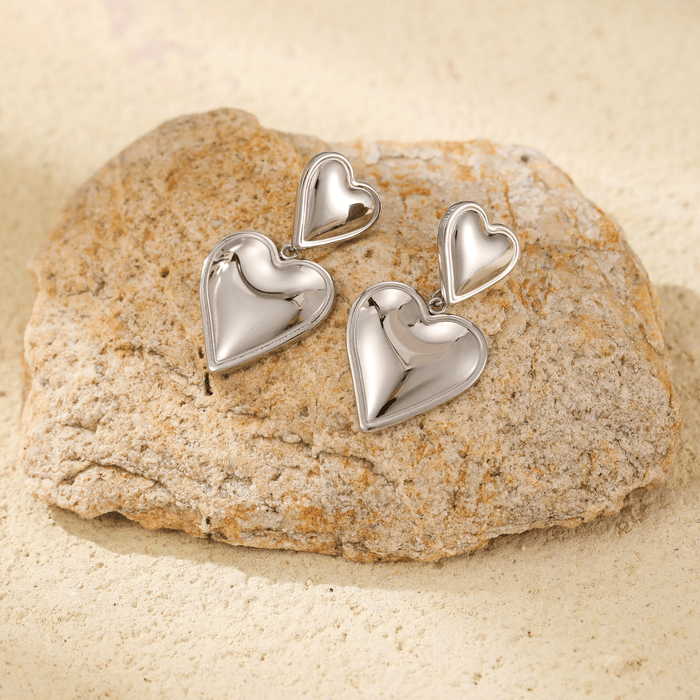 Duo Heart Elegance Drop Earrings - Ornaments Co - 18K Gold Plated