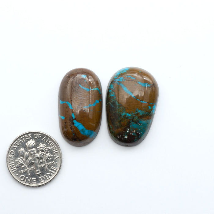 Egyptian Turquoise offers blue tones and a natural matrix on a white background, with a dime for reference. Ideal for handcrafted jewelry, custom designs, and gemstone collections.