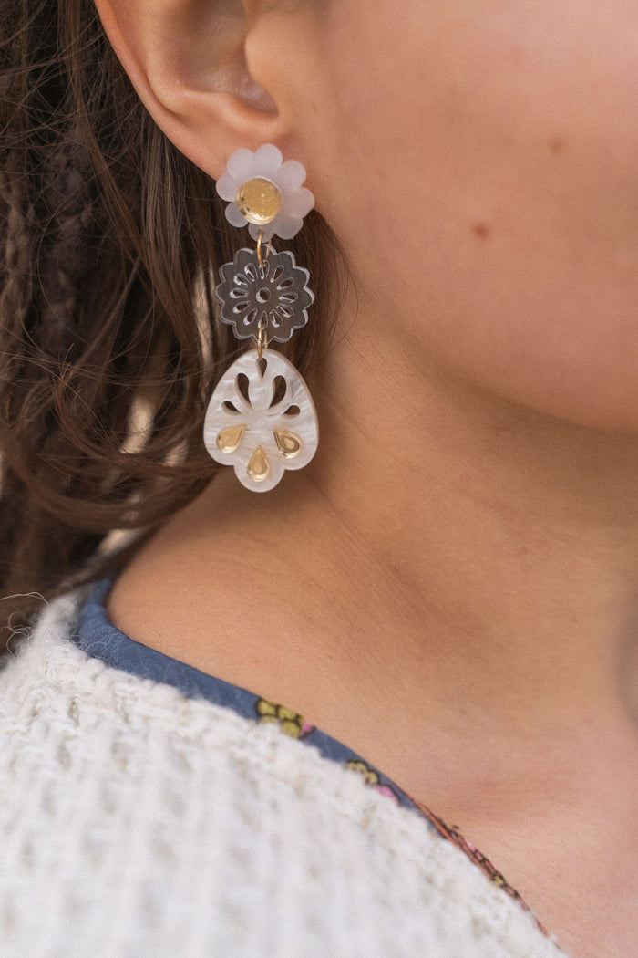 A close-up of a person wearing handcrafted, dangling earrings with flower and abstract shapes in translucent and gold tones, paired with a white textured sweater and a blue shirt with a floral pattern.