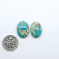 Fox Turquoise cabochons, polished gemstones with natural matrix on a white background, with a US dime for scale