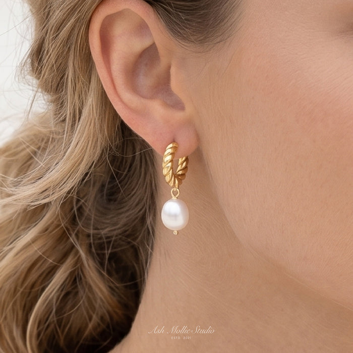 FRANCESCA Gold Braided Pearl Drop Hoop Earrings for Women – Minimalist Twisted Dainty Statement Jewelry | Ash Mollie Studio - ASH MOLLIE STUDIO