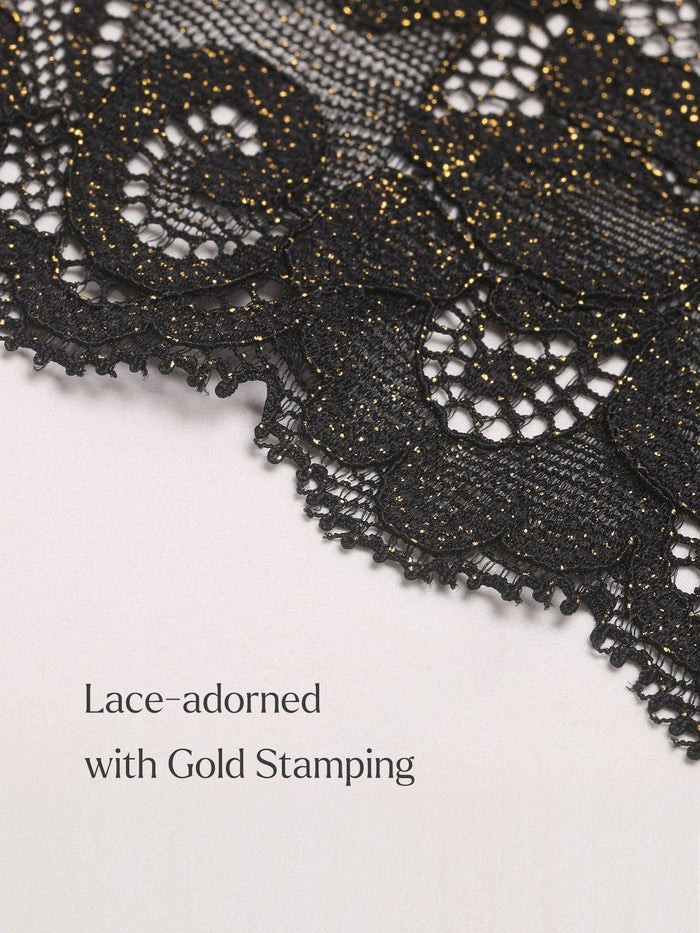 Detail of Popilush® black lace with gold stamping for a corset bra or skirt