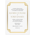 White invitation with gold deco border design, black deco font and gold deco font