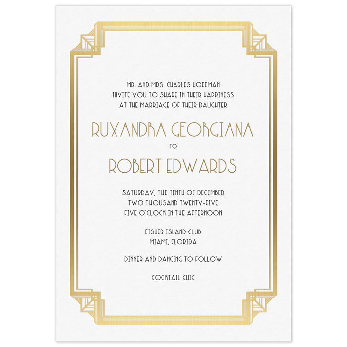 White invitation with gold deco border design, black deco font and gold deco font