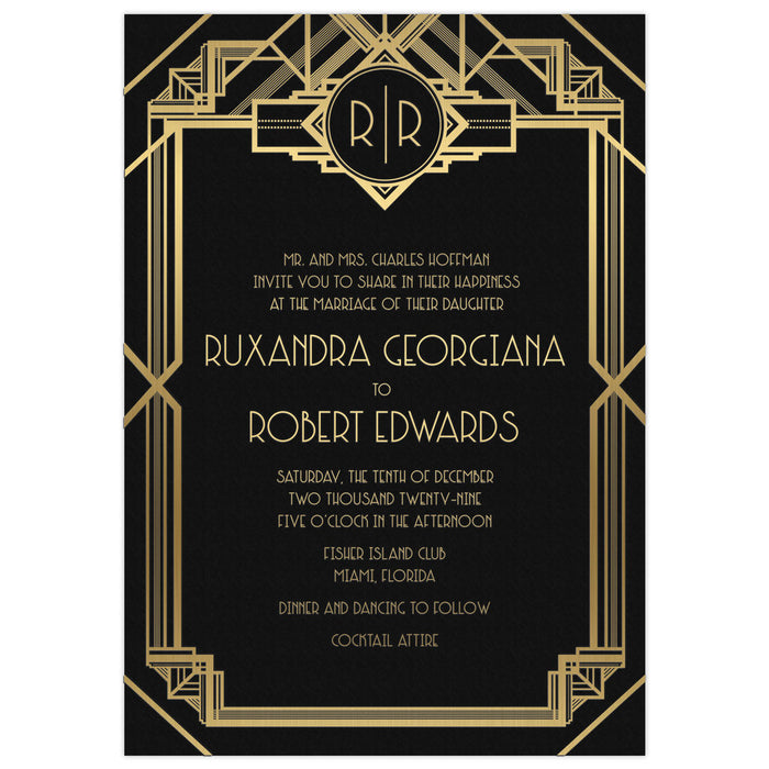 Wedding invitation on black paper with a gold foil deco design, monogram at the top off the invitation and deco font