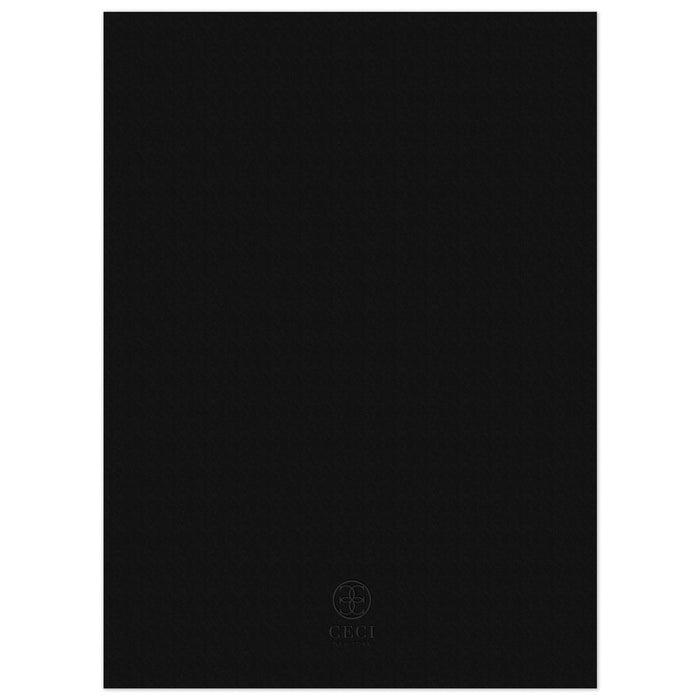 Black blank back of an invitation with a gray Ceci New York circle logo at the bottom.