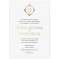 a white paper invitation featuring a gold monogram at the top and an art deco style gold and black font