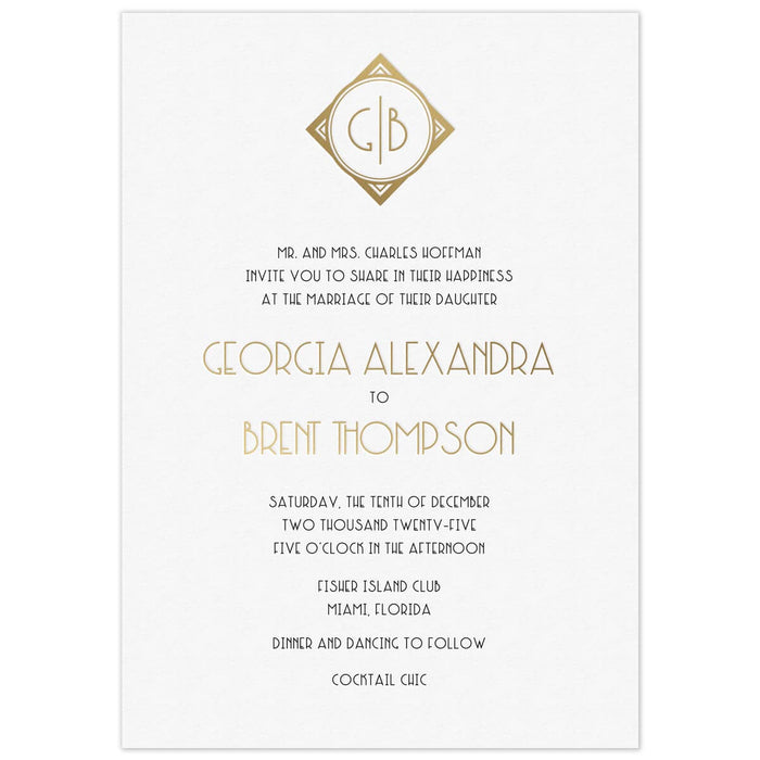 a white paper invitation featuring a gold monogram at the top and an art deco style gold and black font