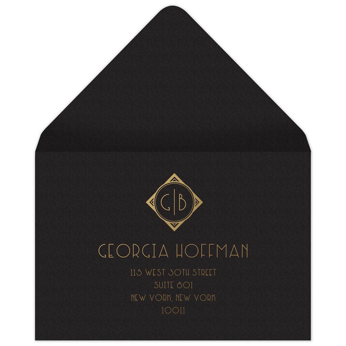 Black reply envelope, gold diamond with monogram in the center, gold deco copy centered underneath the diamond.