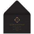 Black reply envelope, gold diamond with monogram in the center, gold deco copy centered underneath the diamond.