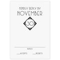 Deco black font above a diamond shape holding a number. Thin lines and copy at the bottom of the page.