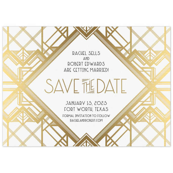 Save the date with lots of geometric lines, making a a deco pattern. Deco font centered in the middle of the save the date.