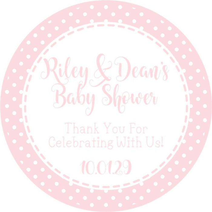 Round pink thank-you sticker for baby shower favors