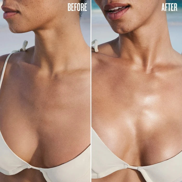 Before and after of a model wearing sol de janeiro glowmotions glow body oil