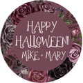 round halloween sticker with burgundy floral frame and dark background