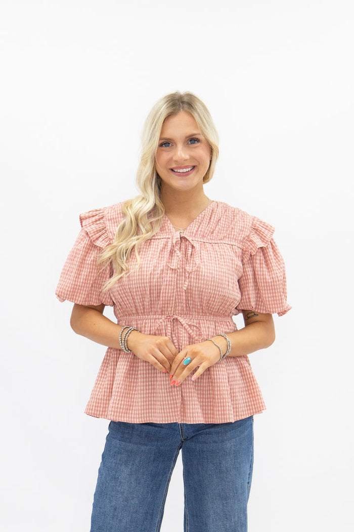 Grace + Emma PUFF SLEEVE TIE-FRONT BLOUSE, BLUSH GINGHAM