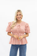 Grace + Emma PUFF SLEEVE TIE-FRONT BLOUSE, BLUSH GINGHAM