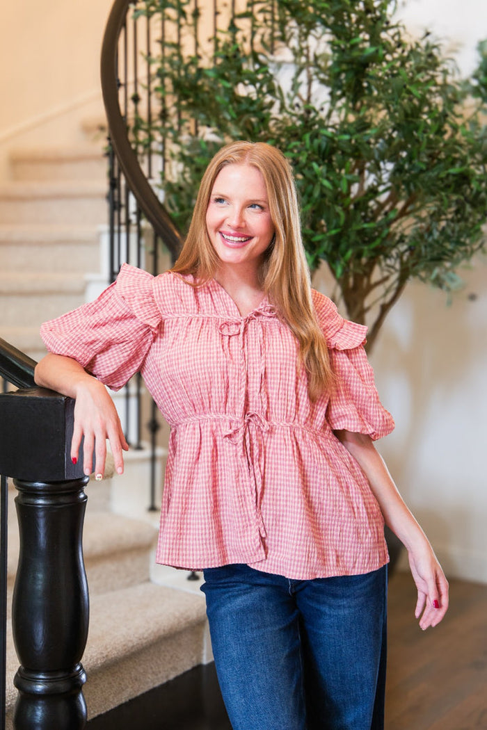 Grace + Emma PUFF SLEEVE TIE-FRONT BLOUSE, BLUSH GINGHAM