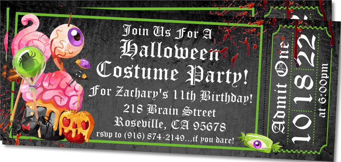 Halloween birthday ticket invitation with eyeball creature artwork and admission pass design