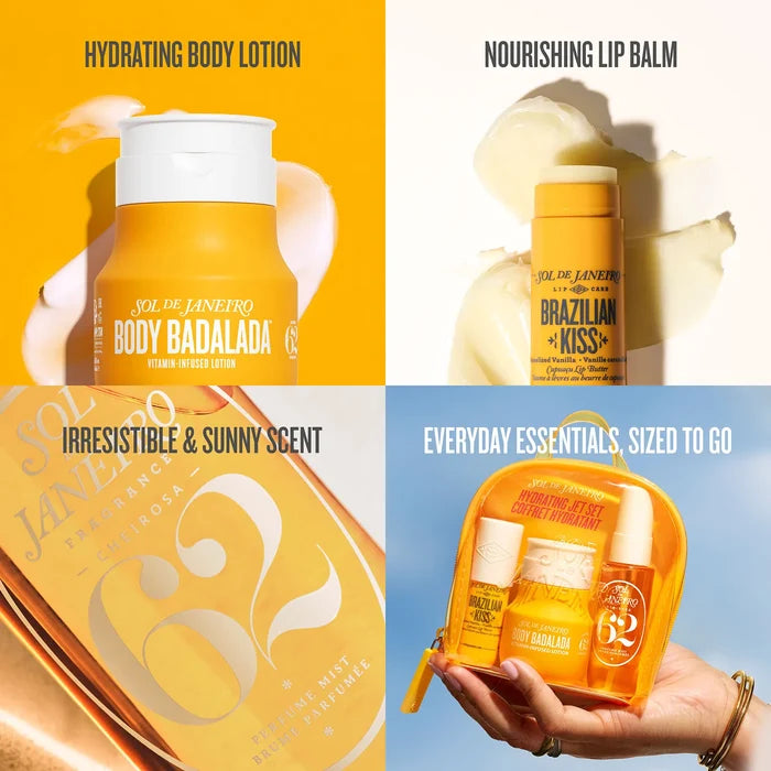 hydrating body lotion, nourishing lip balm, irresistible and sunny scent, everyday essentials, sized to go