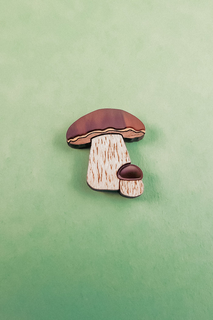 A nature-inspired design, this King Bolete Mushroom Pin features handcrafted quality with two mushrooms—one large and one small—sporting brown caps and beige stems, set against a textured green background.