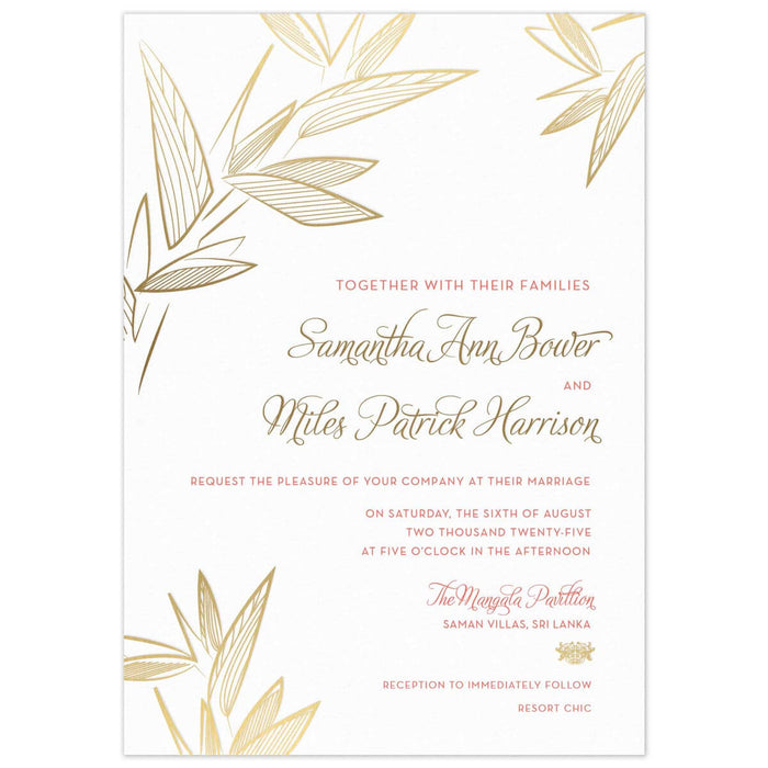 White invitation with modern leaves on the top corners and bottom left corner. Pink block font and gold script font right aligned with a gold Thai flourish.