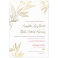 White invitation with modern leaves on the top corners and bottom left corner. Pink block font and gold script font right aligned with a gold Thai flourish.