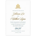 the front of a white paper invitation with gold lotus monogram on top with gold script and blue block font
