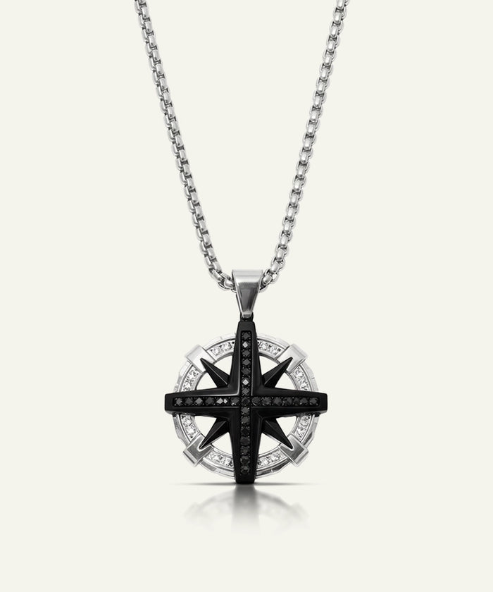 Link N Lock® men's black cubic zirconia stainless steel compass pendant with 24-inch box chain