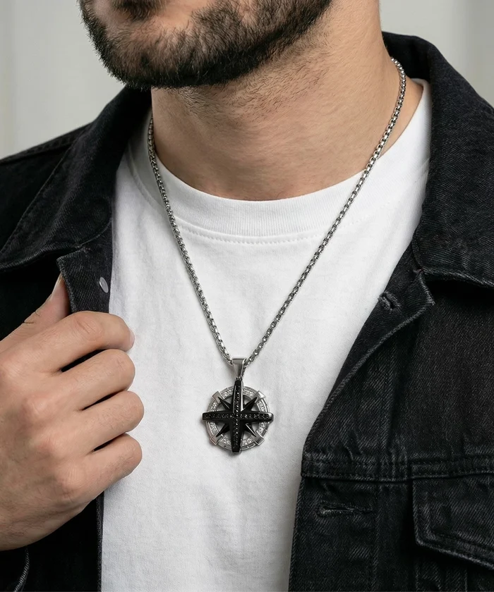 Men's black CZ compass pendant by Link N Lock®