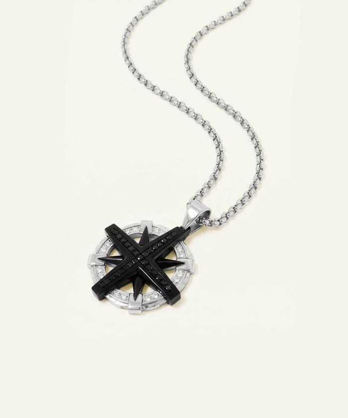 Men's stainless steel compass necklace with 24-inch round box chain