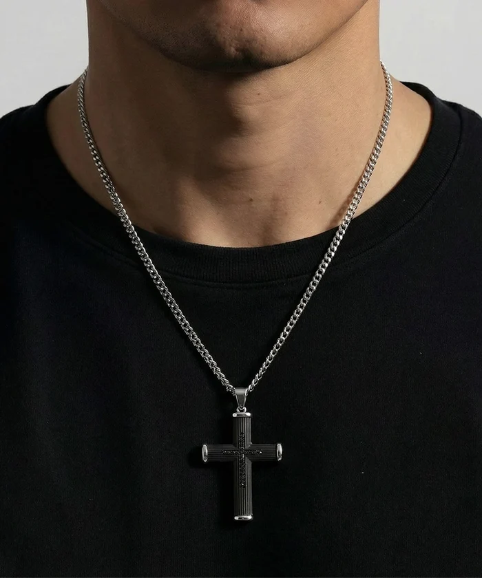 Close-up of Link N Lock® black cubic zirconia cross pendant