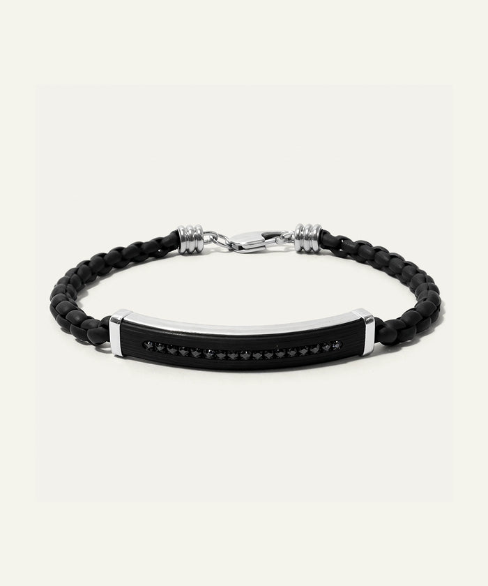 Link N Lock® men's black leather and stainless steel CZ bracelet