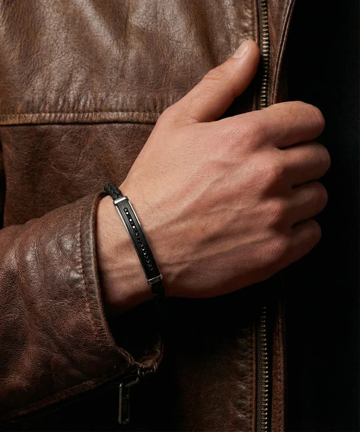 Men's black leather stainless steel bracelet by Link N Lock®