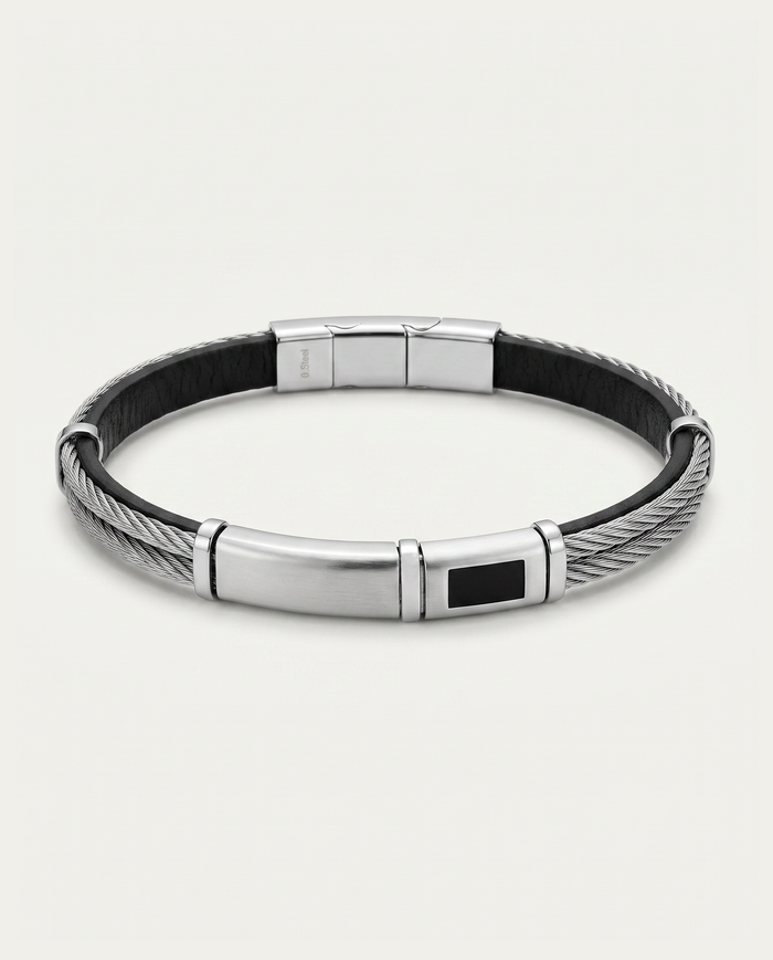 Link N Lock® men's black leather ID bracelet