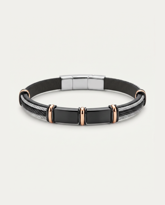 Link N Lock® men's black leather ID bracelet